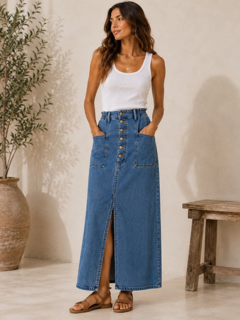 YFB Young Fabulous Broke Denim Maxi Skirt M Button Fly High Waist Utility Y2K
